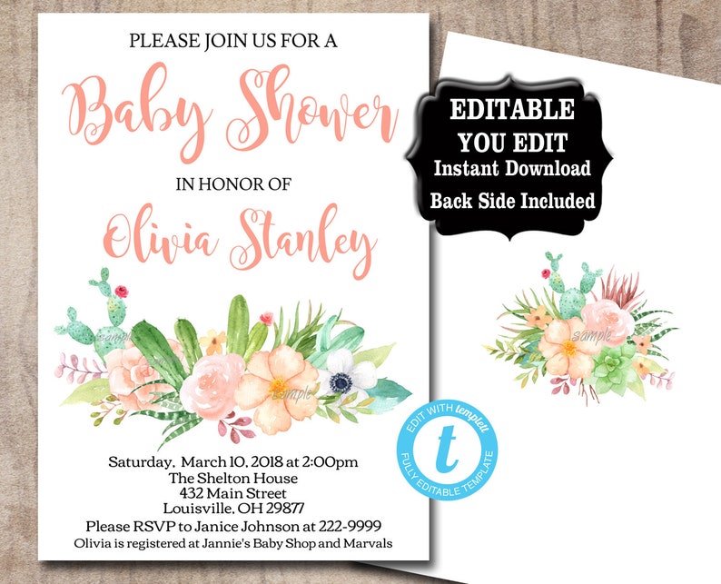 Succulent Baby Shower Invitation Template Editable Cactus Etsy