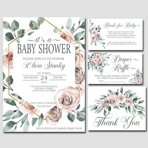 Floral Baby Shower Invitation bundle, Dusty pink Girl Editable invitation template, books for baby, diaper raffle, thank you kit  70