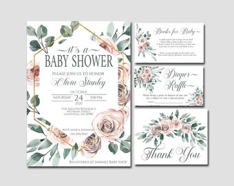 Floral Baby Shower Invitation bundle, Dusty pink Girl Editable invitation template, books for baby, diaper raffle, thank you kit  70