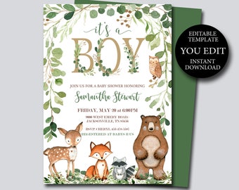 Its a Boy Woodland Baby Shower Invitation template, Editable Invite, Woodland animals, it's a boy Digital, Printable Instant Download 016