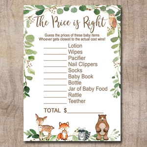 May include: A printable baby shower game with a woodland theme. The game is called "The Price is Right" and asks guests to guess the prices of various baby items. The items listed include lotion, wipes, pacifier, nail clippers, socks, baby book, bottle, jar of baby food, rattle, and teether. The game features a total score section at the bottom and cute woodland animal illustrations.