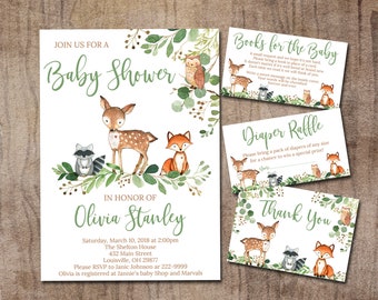 May include: A woodland-themed baby shower invitation with a watercolor illustration of a deer, fox, raccoon, and owl. The invitation includes the text "Join us for a Baby Shower" and "In honor of Olivia Stanley".