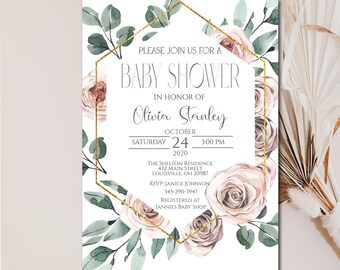 Floral Baby Shower Invitation Template, Editable Dusty Pink (Digital Download) 70