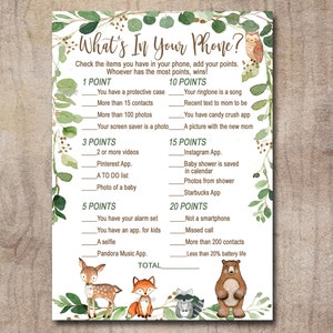 Woodland Baby Shower Game What&#39;s in Your Phone, Gender Neutral Forest Animals, greenery  Deer, Fox, Bear Printable Instant Download  0016