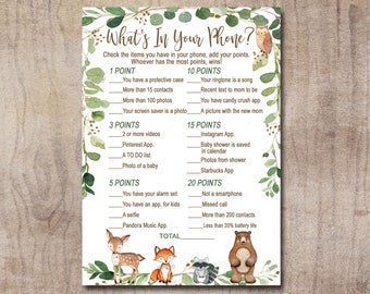 Woodland Baby Shower Game What's in Your Phone, Gender Neutral Forest Animals, greenery  Deer, Fox, Bear Printable Instant Download  0016