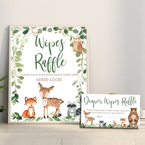 Billet de carte de tombola Woodland Wipes & signe, Shower de bébé animaux de la forêt verdure imprimable numérique, VOUS IMPRIMEZ les correspondances Invitation # 0016
