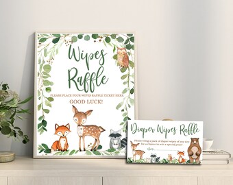 Woodland Wipes Raffle card ticket & Sign, Greenery Woodland Animals Baby Shower Digital Printable, YOU PRINT Matches Invitation # 0016