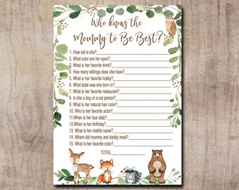 Woodland Baby Shower Game, Who Knows Mommy Best, Gender Neutral Forest Animals, Deer, Fox, Bear, Owl Printable Instant Download 0016