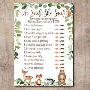 Woodland Baby Shower Game He said, she said, Gender Neutral Forest Animals, greenery  Mommy or Daddy Game Printable Instant Download  0016
