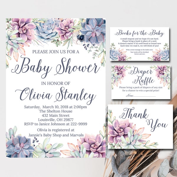 Succulent Baby Shower Invitation bundle Watercolor Floral Baby Shower invitation set, Cactus Editable Invitation suite Instant Download 0012
