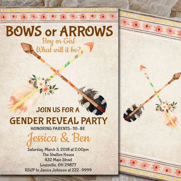 Editable Gender Reveal Invitation Baby Shower Invitation digital template Bows or Arrows Boho gender reveal Tribal Boy or Girl He or She 037