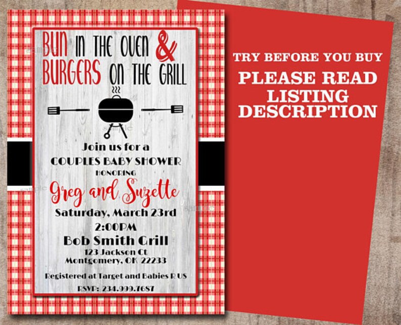 May include: Red and white checked background with a white sign that says "Bun in the oven & Burgers on the grill". The sign also includes a grill with a burger on it. The text below the sign says "Join us for a Couples Baby Shower Honoring Greg and Suzette Saturday, March 23rd 2:00PM Bob Smith Grill 123 Jackson Ct Montgomery, OK 22233 Registered at Target and Babies R Us RSVP: 234.999.7687".