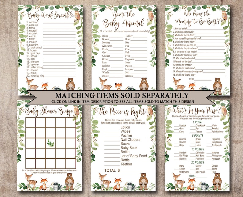 Woodland Baby Shower Game, Animal game, Woodland Neutral Forest Animals Printable Instant Download, Matches invitation 0016 image 3