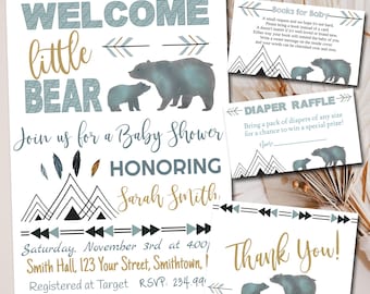 Little Bear Baby Shower Invitation bundle, Adventure Rustic Editable Invite Books for baby, diaper raffle, thank you set 1328