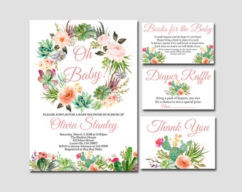 May include: A baby shower invitation with a floral wreath design featuring succulents and pink flowers. The text "Oh Baby!" is in the center of the wreath. The invitation includes details for the shower, including the date, time, location, and RSVP information.