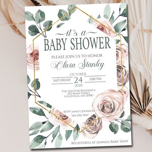 Editable Floral Baby Shower Invitation template, Girl Baby Shower or bridal shower invite Dusty pink Digital Instant Download 70