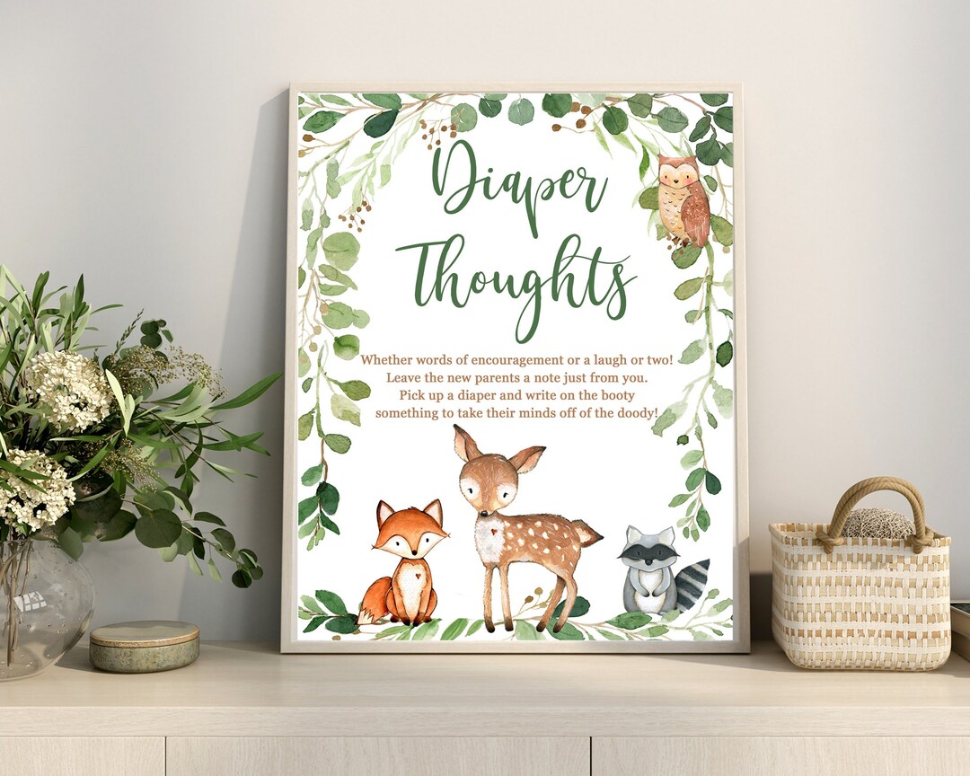 Woodland Baby Shower Diaper Thoughts Game Sign, Late Night Diaper ...
