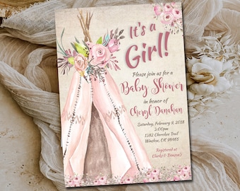 Op de afbeelding: Babyborrel uitnodiging met een aquarel tipi ontwerp in roze en bruine tinten. De tekst luidt "It's a Girl!" en bevat details over het evenement, zoals datum, tijd en locatie. Bloemenaccenten voegen een delicate touch toe.