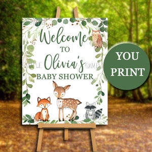 Cartello di benvenuto per baby shower nel bosco, decorazione stampabile personalizzata per baby shower nel bosco, poster, grande, YOU PRINT 0016