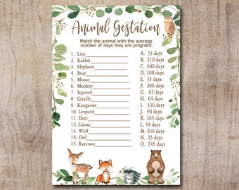 Woodland Baby Shower Game Animal Gestation, Gender Neutral Forest Animals, greenery, Printable Instant Download, Matches invitation 0016