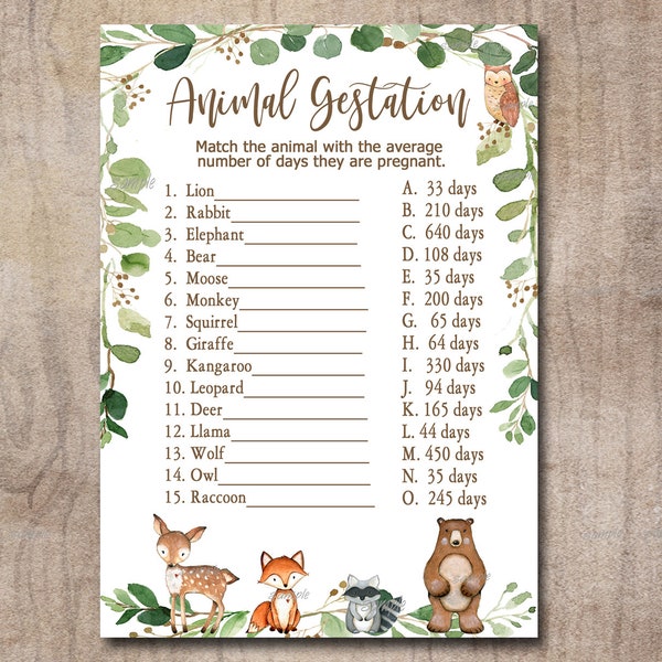 Woodland Baby Shower Game Animal Gestation, Gender Neutral Forest Animals, greenery, Printable Instant Download, Matches invitation 0016
