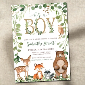 Es ist ein Junge Wald Babypartyeinladung Vorlage, bearbeitbar einladen, Waldtiere, es ist ein Junge Digital, Printable Instant Download 016