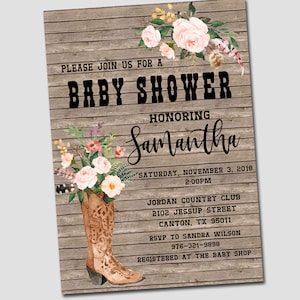 Cowgirl Baby Shower Invitation, Editable Rustic Country Western Baby Shower invite, Floral boots Printable Digital Instant Download m059