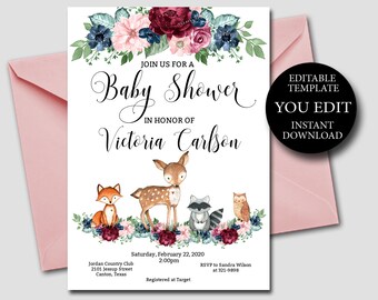 Editable girl Woodland Baby Shower Invitation template, floral burgundy & navy woodland animal printable invite, Instant Download 0103