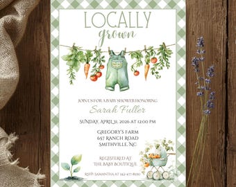 Locally Grown Baby Shower Invitation, clothesline farm theme invite, Gender home grown baby, editable template, Digital Download 81