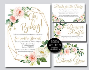 Editable Invitation Oh Baby Blush Pink Floral Baby Shower Invitation Printable Baby Shower Invitation Template Baby Girl Shower Bundle M0067