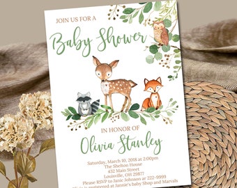 Editable Woodland Baby Shower Invitation template, Greenery Baby Shower invitation, Rustic woodland animals invitation Instant Download 0018
