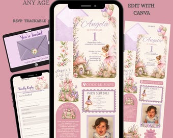 Fairy Birthday invitation, ANY AGE, Editable website Online Invite, RSVP & Registry, digital template, instant download 113