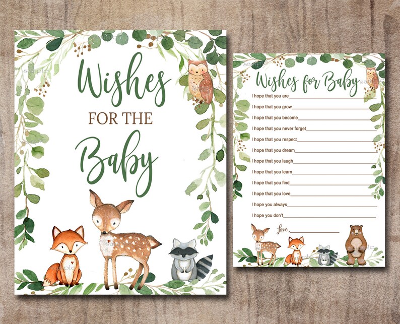 Woodland Baby Shower Wishes for Baby sign & card, Gender Neutral Woodland Animals activity, Digital Printable, Matches Invitation 0016 image 2