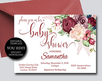 Editable Burgundy Floral Baby Shower Invitation, YOU EDIT Invite Template, Digital Printable invite, Instant Download 093