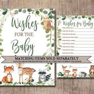 May include: A printable baby shower sign with a green leafy border and woodland animals. The sign says "Wishes for the Baby" and includes a list of wishes for the baby. Matching items are sold separately.