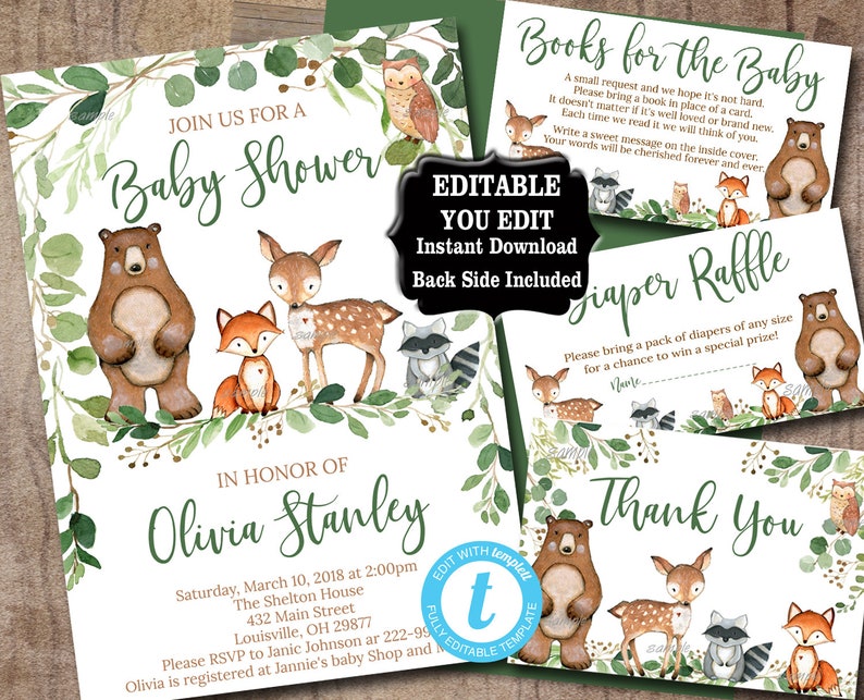 Woodland Animals Baby Shower Invitation Set Editable Etsy