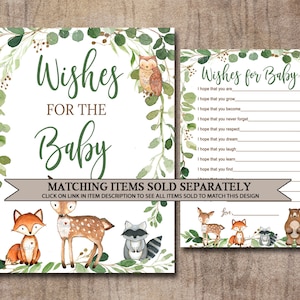 May include: A printable baby shower sign with a green leafy border and woodland animals. The sign says "Wishes for the Baby" and includes a list of wishes for the baby. Matching items are sold separately.