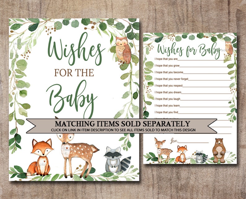 May include: A printable baby shower sign with a green leafy border and woodland animals. The sign says "Wishes for the Baby" and includes a list of wishes for the baby. Matching items are sold separately.
