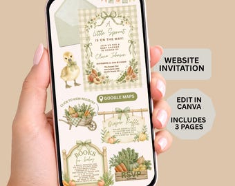 Digital Little Sprout Baby Shower Invitation, Gender Neutral invite, RSVP & Registry, editable Canva website template  121