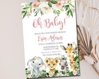 May include: A rectangular baby shower invitation card featuring watercolor illustrations of an elephant, lion cub, zebra, and giraffe adorned with floral crowns. The text reads Oh Baby! Join us for a baby shower honoring Erin Adams, Sunday, November 26 at 1:00PM, 123 Montgomery Dr. Fairfield, NY 22332, Registered at Babies R Us, RSVP: Margo 123-987-9988.