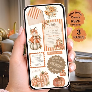 Puede incluir: Una plantilla de invitación digital para baby shower en la pantalla de un teléfono inteligente con patrones de rayas naranjas y blancas, ilustraciones de calabazas en acuarela, detalles florales y el texto a little pumpkin is on the way.