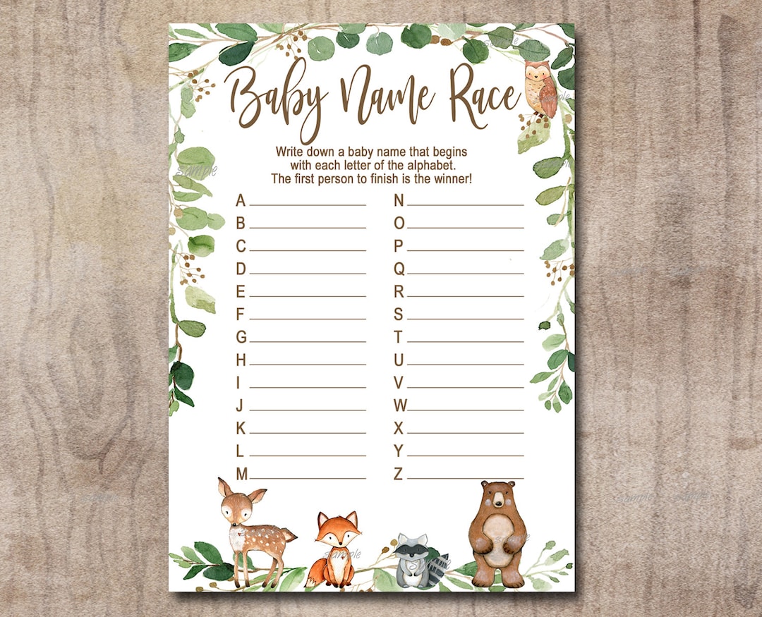 Woodland Baby Name Race Game, Woodland Baby Shower Game , Printable, Gender Neutral Forest