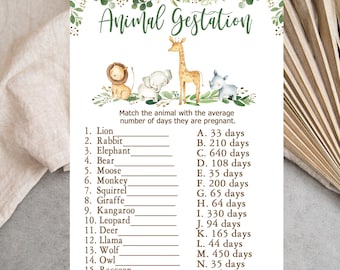 Safari Baby Shower Game Animal Gestation, Gender Neutral, greenery, Printable template, Instant Download template, Matches invitation 0057