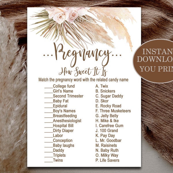 Pampas Grass Baby Shower Game, Pregnancy, how sweet it is game, Boho candy game, Bohemian tropical desert, Printable Instant Download 067