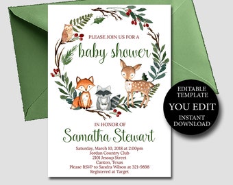 Editable Woodland Baby Shower Invitation Template, Rustic Woodland animals invite, gender neutral, Digital Printable Instant Download 043