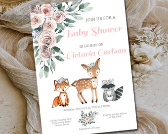 Editable Boho Woodland Girl Baby Shower Invitation, Pink floral, Girl Invite, Woodland animal printable invite, Instant Download m090