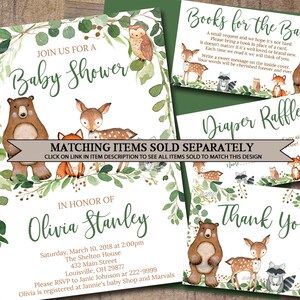 May include: A green and white baby shower invitation with a woodland theme. The invitation features a bear, a deer, and a fox. The text on the invitation reads "Join us for a Baby Shower" and "In honor of Olivia Stanley".