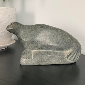 Sunbathing Seal on a Rock - Inuit Soapstone Carving - Canada - E9-1057
