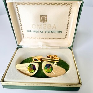 Omega Crystal Cufflinks and Tie Clip Goldtone Set in Original Box