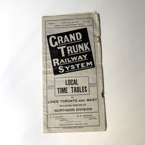 May include: A black and white Grand Trunk Railway System timetable for local lines in Toronto and West, including the Northern Division. The timetable is dated August 20, 1912, and is subject to change without notice.